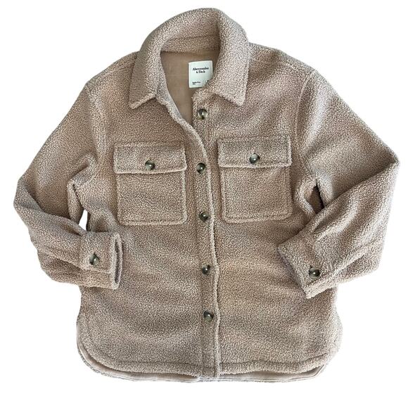 Abercrombie & Fitch Women Sherpa Fleece Shirt Brown Button-Up Shacket M - Picture 1 of 11